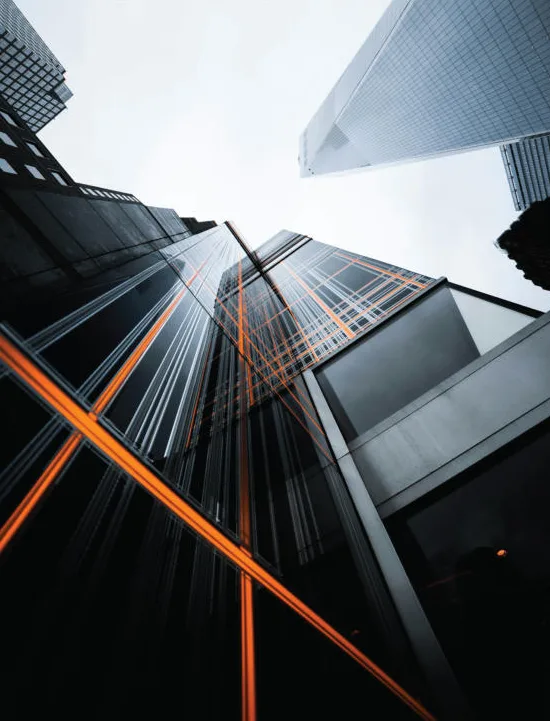 Glass towers with glowing structural lines